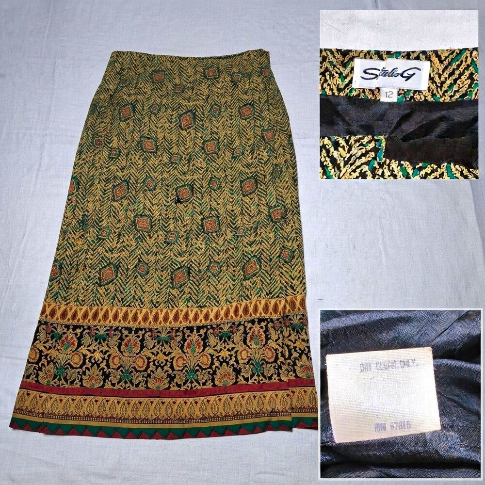 Vintage 90s Studio G Rayon Maxi Skirt Size 12 Boho Floral Border Made in USA